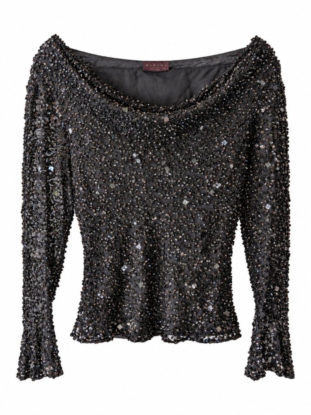Marina Black Beaded Sequin Silk Top Cowl Neck Bell Sleeve Size L
